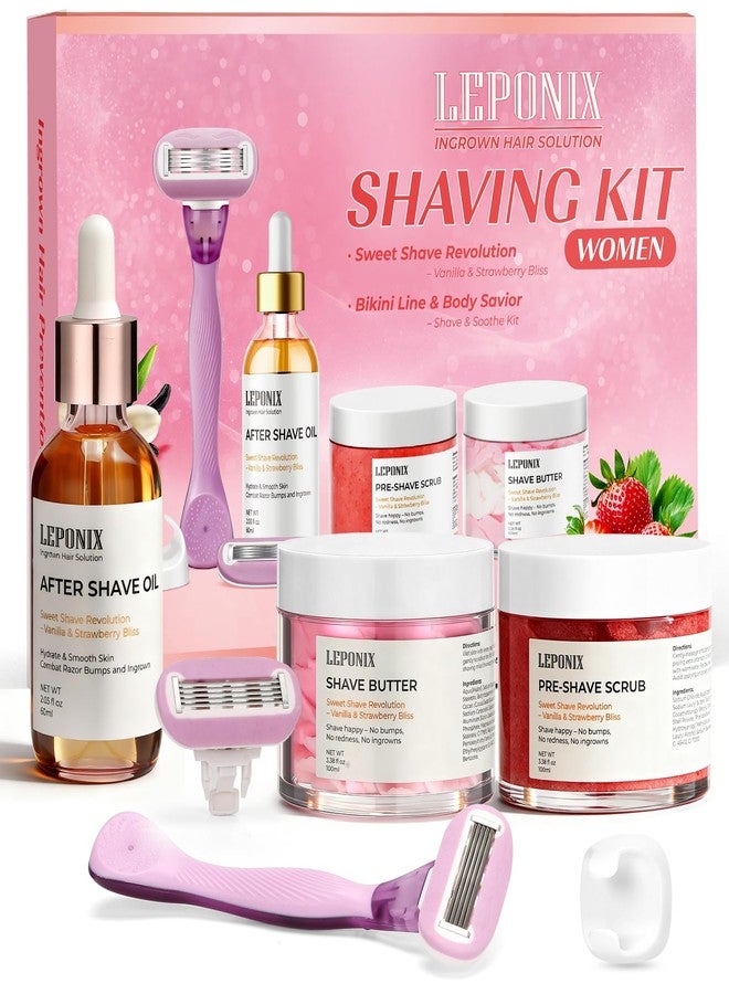LEPONIX 2025 Women's Complete Shaving Kit with Razor & Holder - 5 Piece Strawberry Vanilla Set Include Pre-Shave Scrub, Cream, Aftershave Oil - Luxury Gifts Set for Her, Wife, Mom (Valentines Day, Christmas) - Image 1